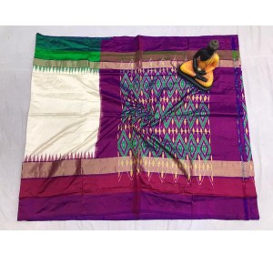Pochampally ikkat pure silk off white and green, purple color combination saree