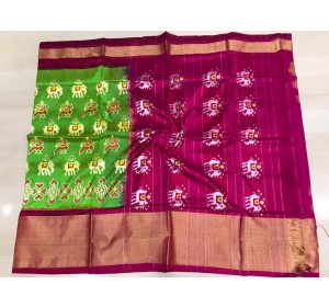 Pochampally ikkat pure silk green and pink color combination saree