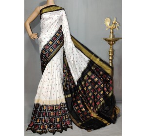 Pochampally ikat pure silk white and black color combination saree