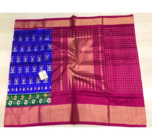 Pochampally ikkat silk royal blue and pink color combination saree with checks