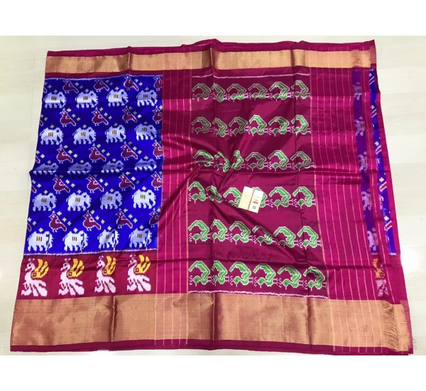 Pochampally ikkat silk royal blue and pink color combination saree